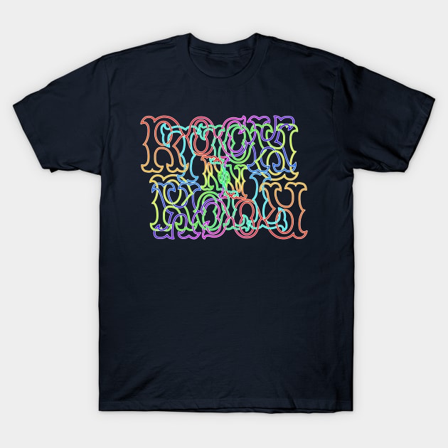 Rainbow RocK n RolL Anagram with White Outline T-Shirt by gkillerb